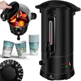 KESSER® Glühweinkessel 10L Edelstahl Inkl. 10x Becher Glühweinkocher mit Thermostat Glühweinautomat Heißgetränkeautomat Wasserkocher Heißwasserspender Einkochautomat Füllstandanzeige Zapfhahn