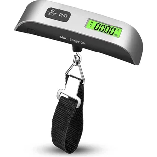 ROTOPATA Kofferwaage Digital mit Haken, Gepäckwaage für Reisen mit Temperatursensor, LCD Anzeige, Max 50KG / 110 lb, Hängewaage für Koffer, Kofferwage Luggage Scale(Silber)