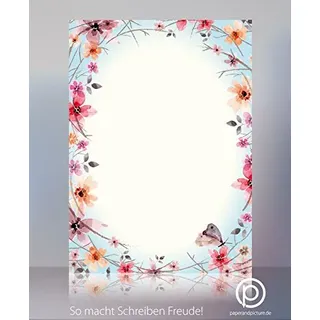 Motivpapier DIN A4 „Blütenreigen“ – Aquarell-Blütenrahmen mit Schmetterling – 50 Blatt 90g Briefpapier – florales Designpapier für Briefe, Einladungen & persönliche Korrespondenz