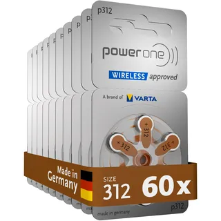 Varta Power one Hörgerätebatterien Typ 312 braun, Batterien 60 Stück Vorratspack, wireless approved, Größe p312 für Hörgeräte und Hörhilfen, high hearing level, quecksilberfrei, Made in Germany