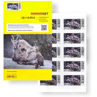 10 Stück 0,95 EUR 95 Cent postfrische selbstklebende Briefmarken | Frankaturware Markenset (Motiv: Junge Wildtiere - Steinbock)