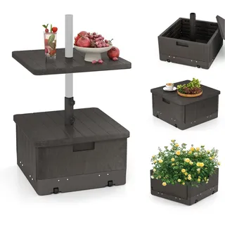 KOMFOTTEU Sonnenschirmständer mit Rollen & Tischablage, Schirmständer befüllbar mit 55 l Wasser/80 kg Sand, für Schirmstöcke von 38/48 mm, Marktschirmständer mit Griff & Gewichtstasche (Braun)