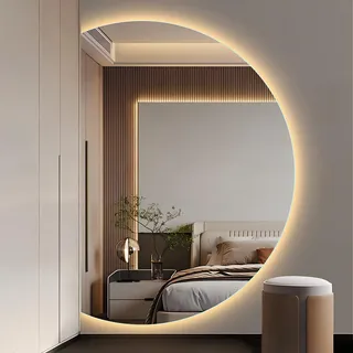 Generisch Spiegel Halbrund, Großer Wandspiegel Halbrunder mit Beleuchtung, Asymmetrisch Rund LED Badezimmerspiegel, 3 Farben Wechselnde, Antibeschlag für Badezimmer, Schlafzi, Flur (63 * 90cm)