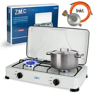 ZMC Gaskocher Tragbarer Gaskocher Campingkocher 2-flammig inkl. Schlauch und Regler, 2,2 kW 50 mBar Outdoor Gasherd Kochfeld Herd Propangas Tischkocher