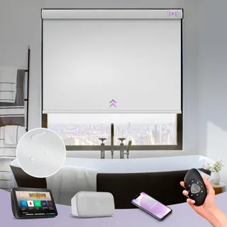 Graywind Elektrische Rollos Innen, Smart Wasserdichtes Vinyl Verdunkelungsrollo nach Maß, Wiederaufladbar Motorisierte Rollo mit Fernbedienung, Alexa & Google kompatibel, Sichtschutz, Weiß