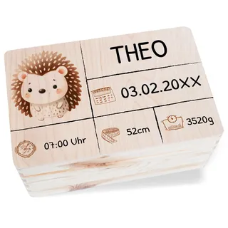 Holz Geschenkbox - Personalisierte Erinnerungsbox Baby mit Igel | Holzkiste Baby mit Namen und Daten Geburt - 30 x 20 x 14 - Holz - keepsake boxes babys box geschenke erinnerungskiste name