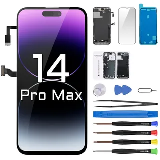 Risidamoy Ersatzbildschirm für iPhone 14 Pro Max mit Ohrhörer, Flexkabel, Näherungssensor, LCD-Touch-Display, Digitizer, komplette Montage mit wasserdichtem Klebstoff, Reparaturwerkzeug-Kits A2651