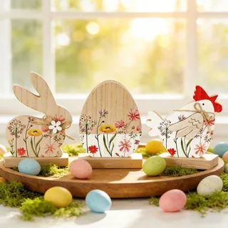 Osterdeko Innen 3 Stück Osterdeko Tisch Ostern Deko Set Holz Ostern Dekoration Frühlingsdeko Innen Osterhase Osterei Huhn Figur für Tisch, Garten, Party, Ostergeschenk, Frühlingsdeko(B)