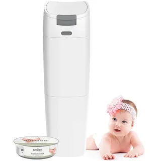 Spross Baby Windeleimer inkl. Nachfüllkassette geruchsdichtes System mit Einhandbedienung Mülleimer für Baby Windeln in weiß grau
