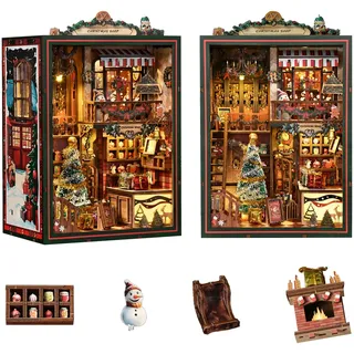 Christmas Book Nook Kit – DIY Miniatur Puppenhaus 3D Holzpuzzle Buchecke Bücherregal Dekor mit Spieluhr LED-Licht Weihnachtsgeschenke für Erwachsene Teenager