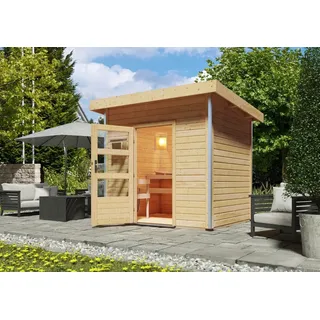 Karibu Gartensauna Pultdach Saunahaus Norge-Ohne Ofen-Moderne Saunatür (Klarglas) inkl. 8-teiligem gratis Zubehörpaket (Gesamtwert 191,92€)