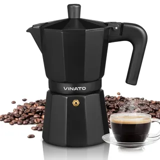 VINATO Espressokocher, Aluminium Espressokocher für die Herdplatte, Italienische Kaffeekocher, Kaffeekocher Camping, Moka-Kanne 6 Tassen, mit Sicherheitsventil, Schwarz, Nicht Induktion Geeignet