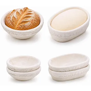 6er Set Gärkörbchen mit Leinentüchern, Gärkorb Oval & Rund | Rattan Brotbackzubehör für Hobbybäcker,für Sauerteig Brot