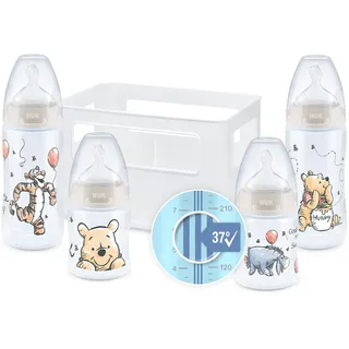 NUK First Choice+ Babyflaschen Starter Set | 0–6 Monate | 4 Flaschen mit Temperature Control & Flaschenbox | Anti-Colic Air System | BPA-frei | Disney Winnie Puuh
