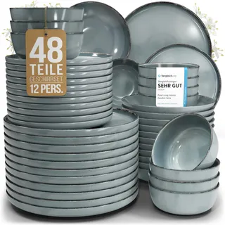 Steingut Geschirrset 12 Personen Rustic 48 tlg. TESTSIEGER, Hochwertiges Landhaussttil Steingut Geschirr Set, Schüssel- und Teller Set, Tafelservice 12 Personen, Geschirrsets Pure Living in Rauchblau