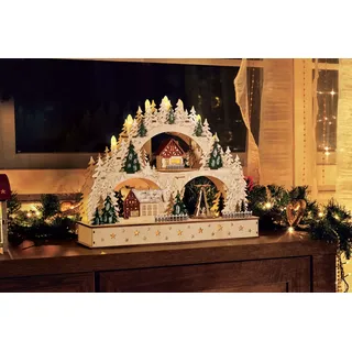 ITO Electronics Weihnachtlicher Schwibbogen Pyramide LED Kerzen Timerfunktion, Weihnachtsdekoration, Holzdesign mit Winterszene, Beleuchteter Lichterbogen