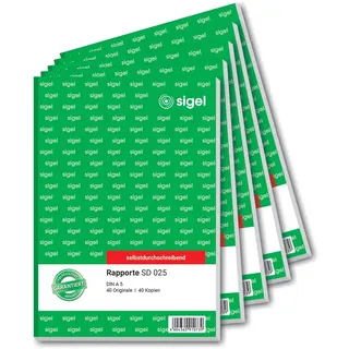 SIGEL SD025/5 Rapport A5, 2x40 Blatt, selbstdurchschreibend, 5er Pack, mikroperforiert, mit Abheftlochung, aus nachhaltigem Papier