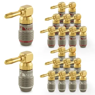 Nakamichi FanLock Excel-Serie 24K vergoldeter Rechtwinkliger Bananenstecker, 10 AWG – 18 AWG, 4 mm Dicke für Lautsprecherverstärker, Hi-Fi Heimkino Audiokabel Schnellanschluss, 20 Stück (10-Paare)
