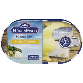 ostprodukte-versand RügenFisch Heringsfilets in Senf-Creme 200 g – Herings- und Makrelenfilets, handverlesen, ohne Geschmacksverstärker & ohne Farbstoffe, proteinreich, cremig-würziger Fischgenuss