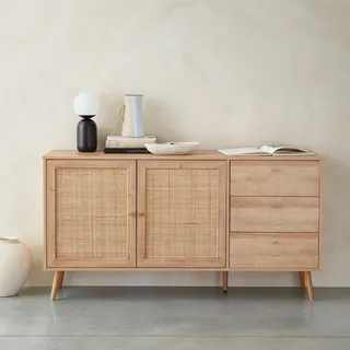 sweeek Skandinavisches Sideboard, Holzeffekt mit Rattangeflecht, 2 Türen, 150 cm Natur - sweeek