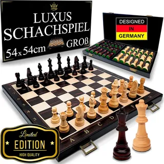 APEQi® Luxus Schach - großes Schachspiel Holz HOCHWERTIG - [54x54cm], Massivholz, 2 EXTRA-Damen, Geschenkidee - Schachbrett Holz hochwertig, 34 gewichtete große Schachfiguren, klappbares Chess Board
