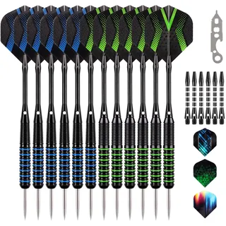 Grebarley Dartpfeile mit Metallspitze,6 Stück 20 Gramm und 6 Stück 22 Gramm,Profi Steeldarts 18 Aluminium Schaft mit 9 Flights 20 Orings