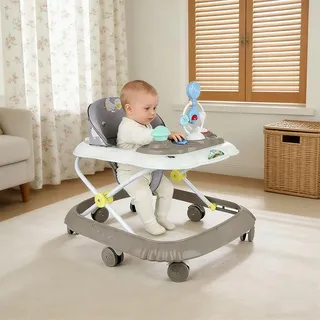 4 in 1 Lauflernwagen,Gehfrei Babywalker mit Musik,4-Höhenverstellung,Klappbar,Abnehmbare Spieltisch (Khaki)