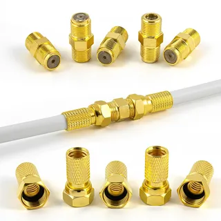 10x F-Stecker, 5x F-Verbinder, Vergoldet, Sat Kabel Verbinder, Koaxialkabel Verbinder, F Stecker Verbinder, 7mm, Extrem Stabil, Breite Mutter, Für Innen und Außen, mit Gummidichtung, von Sterndiscount