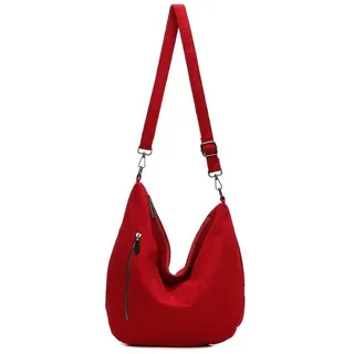 ITALYSHOP24 Schultertasche Damen Halbmond Tasche aus Cord CrossOver Body Bag Umhängetasche, Runde Cordtasche Asymmetrisches MOON Brust Slingtasche Wildlederoptik rot