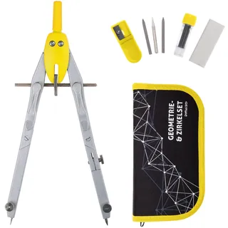 DynaTech Zirkel Geometrie-Set Gelb 13-teilig inkl. Schnellverstellzirkel mit Federmäppchen, 2 Ersatzminen, Etui und Zubehör für Schule Uni und Büro