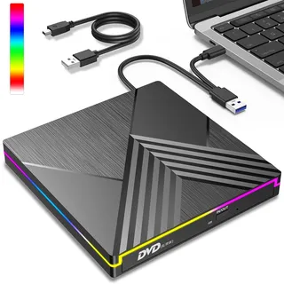 Externes DVD Laufwerk, RGB CD Laufwerk Extern USB 3.0 Type-C, Externer CD DVD+/-RW Brenner Player, Externe Optische Laufwerke Drive für PC Laptop Desktop MacBook Mac OS Win11/10/8/7/XP Linux Vista