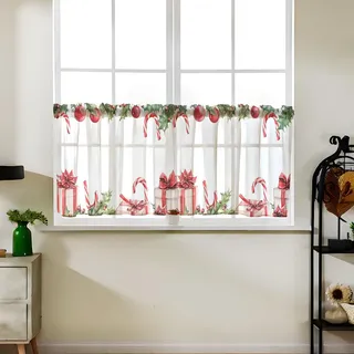 Odot 1 Panel Bistrogardine, Landhaus Scheibengardine, Küchengardinen mit Stangendurchzug, Vorhänge Wohnzimmer, Moderne Gardinen Kurz für Küchen Esszimmer Badezimmer (Weihnachten 1,W145*H55cm)