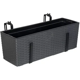 Kreher XL Balkonkasten, Pflanzkasten mit Wasserspeicher im Rattan Design aus Kunststoff in Anthrazit. Mit Flexibler Metallhalterung. Maße 56 x 18,5 x 19,5 cm.