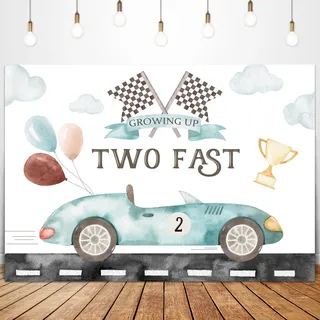 Glawry Two Fast 2nd Birthday Backdrop for Boy 7Wx5H Boho Aquarell Race Car Balloons Cup Cool Cartoon Clouds Flags Road 2nd Birthday Party Decorations Photography Background Photo Booth Studio