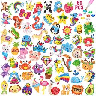 BOUTIKS Diamond Painting Kinder, 60 Stück DIY Tiere Diamant Painting Aufkleber Kits für Kinder Geburtstagsgeschenk