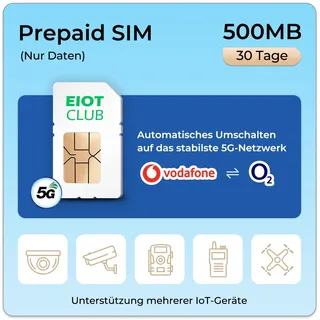 EIOTCLUB Prepaid SIM Karte für 5G/4G LTE-Überwachungskamera, Wildkamera, WiFi Router, Unterstützt Vodafone, O2-Netzwerk, SIM-Karte Nur Daten, Ohne Vertrag, Ohne Registrierung