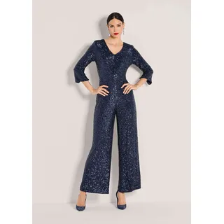 Madeleine Jumpsuit Eleganter Pailletten-Einteiler Glanzoverall mit V-Ausschnitt, weiten Culotte-Beinen und 3/4-Arm blau 40
