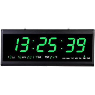 Acesunny LED Digitaluhr Große Wohnzimmer Digital Wanduhr mit Datum Temperatur Kalender Digital Wanduhr LED Display Datumanzeige Funkuhr Creative LED Clock Wanduhr Seniorenuhr Wohnzimmer Büro (Grün)