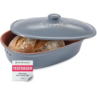 Römertopf Brottopf aus natürlicher Keramik, ideal für die Aufbewahrung von Brot und Gebäck 30x21cm blau-grau