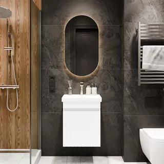 Planetmöbel Cosmia Badmöbel Set Waschtisch mit Unterschrank 50 x 60 x 35 cm Weiß, Spiegel mit Beleuchtung 50 cm, Armatur Badezimmer Gold Brush, Keramik Waschtisch mit Tür