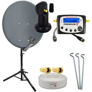 PremiumX Camping Satelliten-Komplettanlage 60cm Satellitenschüssel Single LNB Sat-Finder 10m Kabel F-Stecker Dreibein-Stativ
