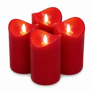 ToCi 4 x LED Kerzen Hellrot 7,5 x 12,5 cm – Echtwachskerzen flammenlos mit beweglicher Flamme & Timer - Stumpenkerzen mit LED-Licht für Advent, Deko, Grablicht, Innenbereich