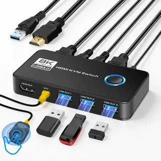 Suceem 8K60Hz HDMI KVM Switch 2 PC 1 Monitor, USB 3.0 KVM Switches für 2 Computers Zum Teilen von Monitor Tastatur, Maus, Festplatten und Drucker – Enthält 2 HDMI- und USB-Kabel Sowie Einen Controller