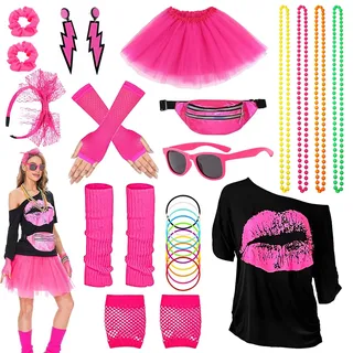 DGUSO 80 Er Jahre Kostüm Damen,Kostüm 80er Jahre,Kostüm 80er Jahre Damen,80 Jahre Outfit Damen,Themenparty-Karneval für Frauen,Halloween-Kostüme,Neon-Accessoires,Themenparty-Kleidung für Frauen - L