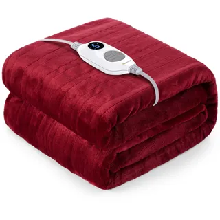Warmrest Heizdecke mit Abschaltautomatik, 130x180 cm Wärmedecke elektrisch mit 6 Heizstufen & 10 Stunden Timer, Flanell Elektrische Kuscheldecke für Schlafzimmer Wohnzimmer Büro Rot