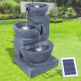 Solar Gartenbrunnen Brunnen Solarbrunnen Zierbrunnen Wasserfall Gartenleuchte Teichpumpe für Terrasse, Balkon (Granitschalen-Kaskade-5 mit LED Light)