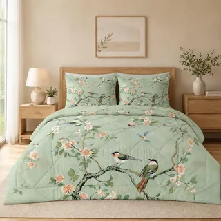 Vögel Blumen Bedruckt Bettdecke 200x200 4 Jahreszeiten, Wende Dekoration Steppdecke Schlafdecke Bettdecke ohne Bezug Waschbar,Warme & Weiche Bettdecken, Ganzjahresdecke 200x200 mit 2 Kissenbezug