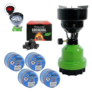 Mianova Camping-Gasgrill 1 flammig Gaskocher Grün Campingkocher Gas Kocher + 4 Kartuschen Kohle, BBQ Barbecue Tischgrill Notfall Campingherd Stromausfall Notkocher Notfallkocher, 2in1 Metall Shisha Kohleanzünder Outdoor Grill Camping Herd grün