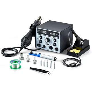 Vevor 2-in-1 Heißluft Lötstation, 820 W Digitalanzeige, Rework- und Lötkolbenstation mit 5-V-USB-Ladeanschluss, einstellbarer Temperatur und Luftstrom, 3 Heißluftdüsen, 5 Lötspitzen