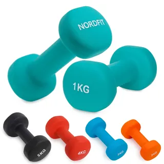 Nordfit Kurzhanteln mit Neoprenbeschichtung für Heimübungen, Pilates, Fitnessstudio, Cardio, Hantel-Set in 1 kg, 2 kg, 3 kg, 4 kg, 5 kg, Paar (1 kg Paar (Türkis)